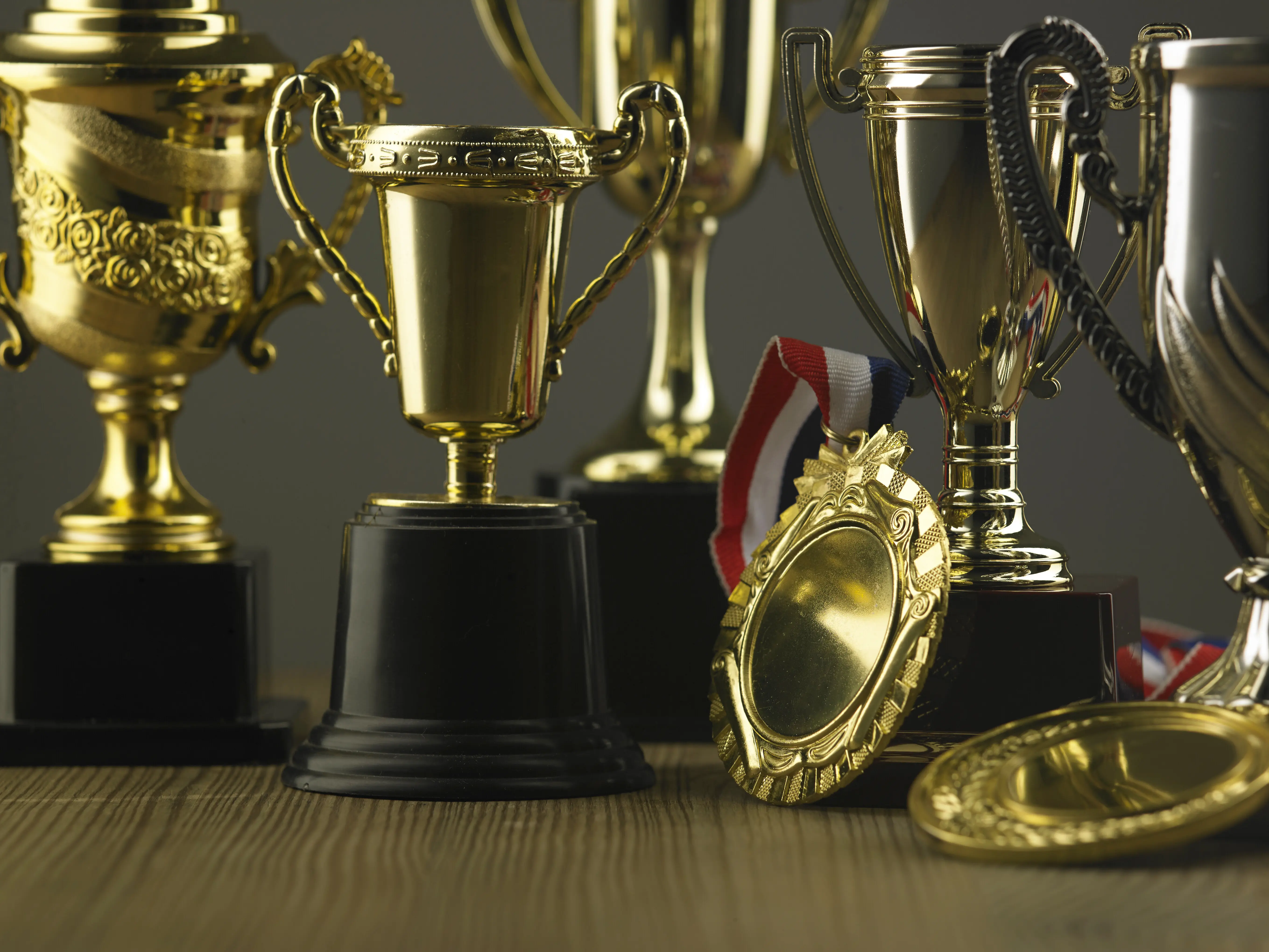 Gruppe von Trophäen auf einem Holztisch vor grauem Hintergrund