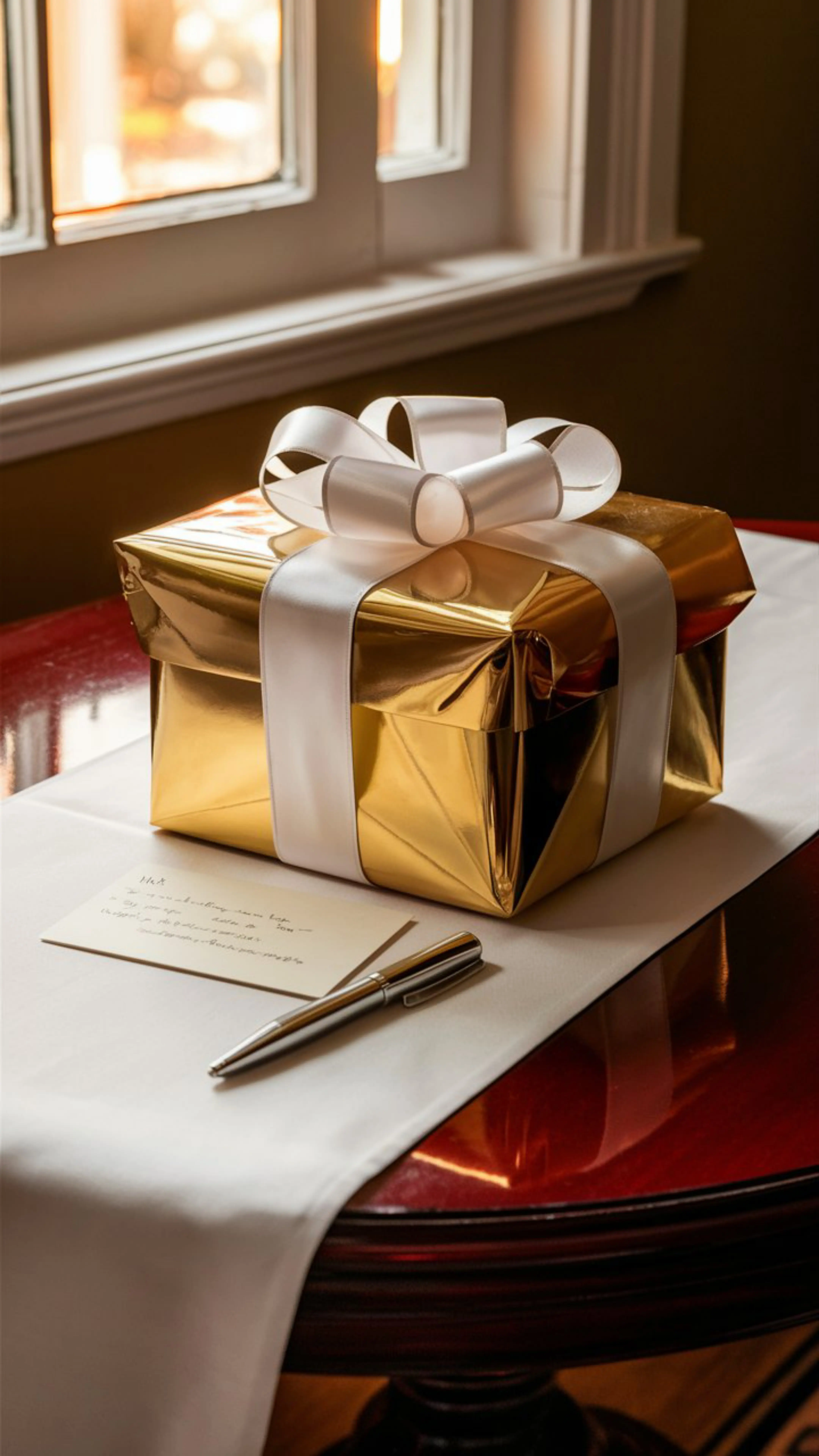 Ein goldenes Geschenk mit einer weißen Schleife obenauf.