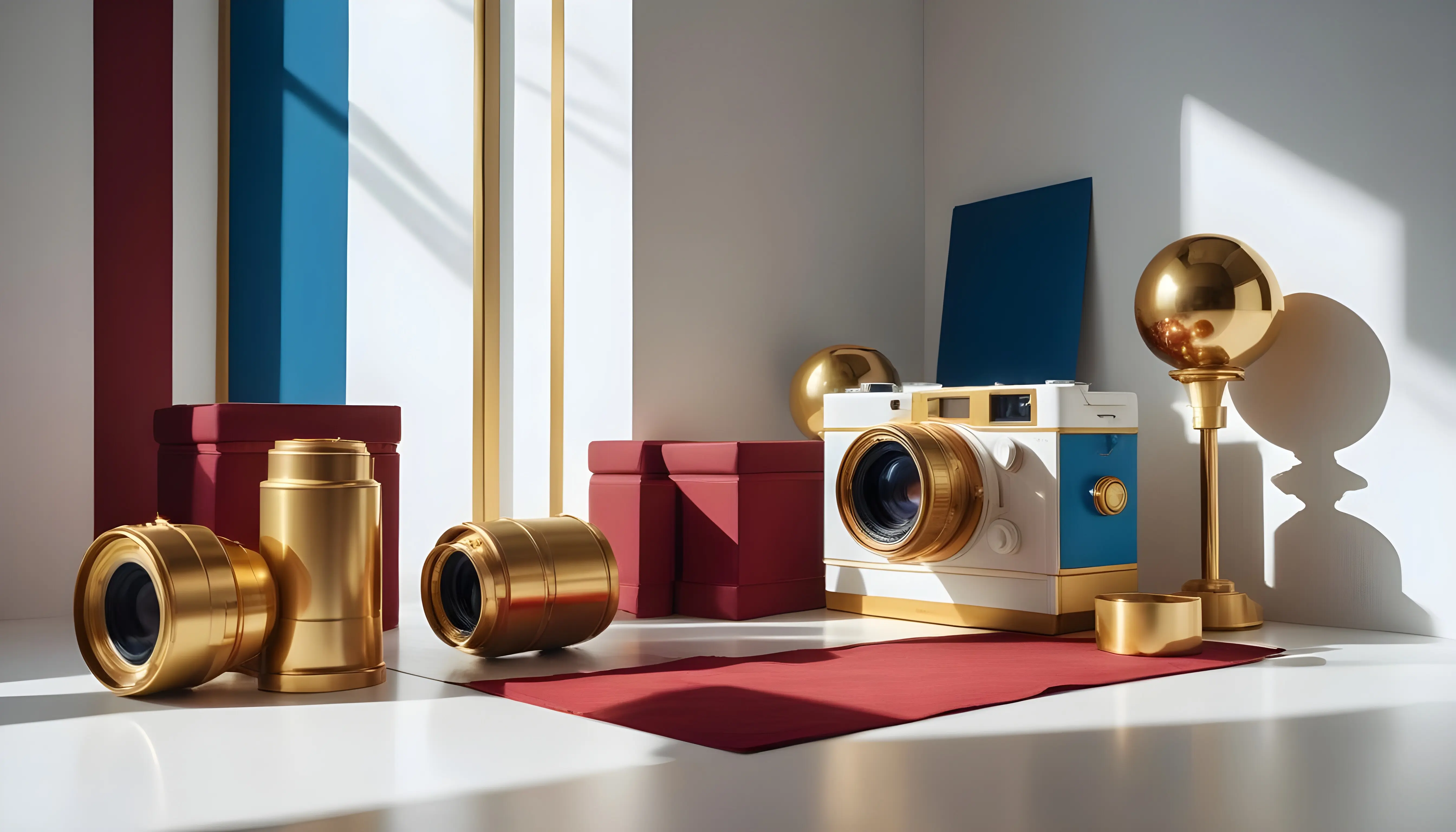 Eine Sammlung alter Kameras und ein Fenster mit blauem und rotem Hintergrund.