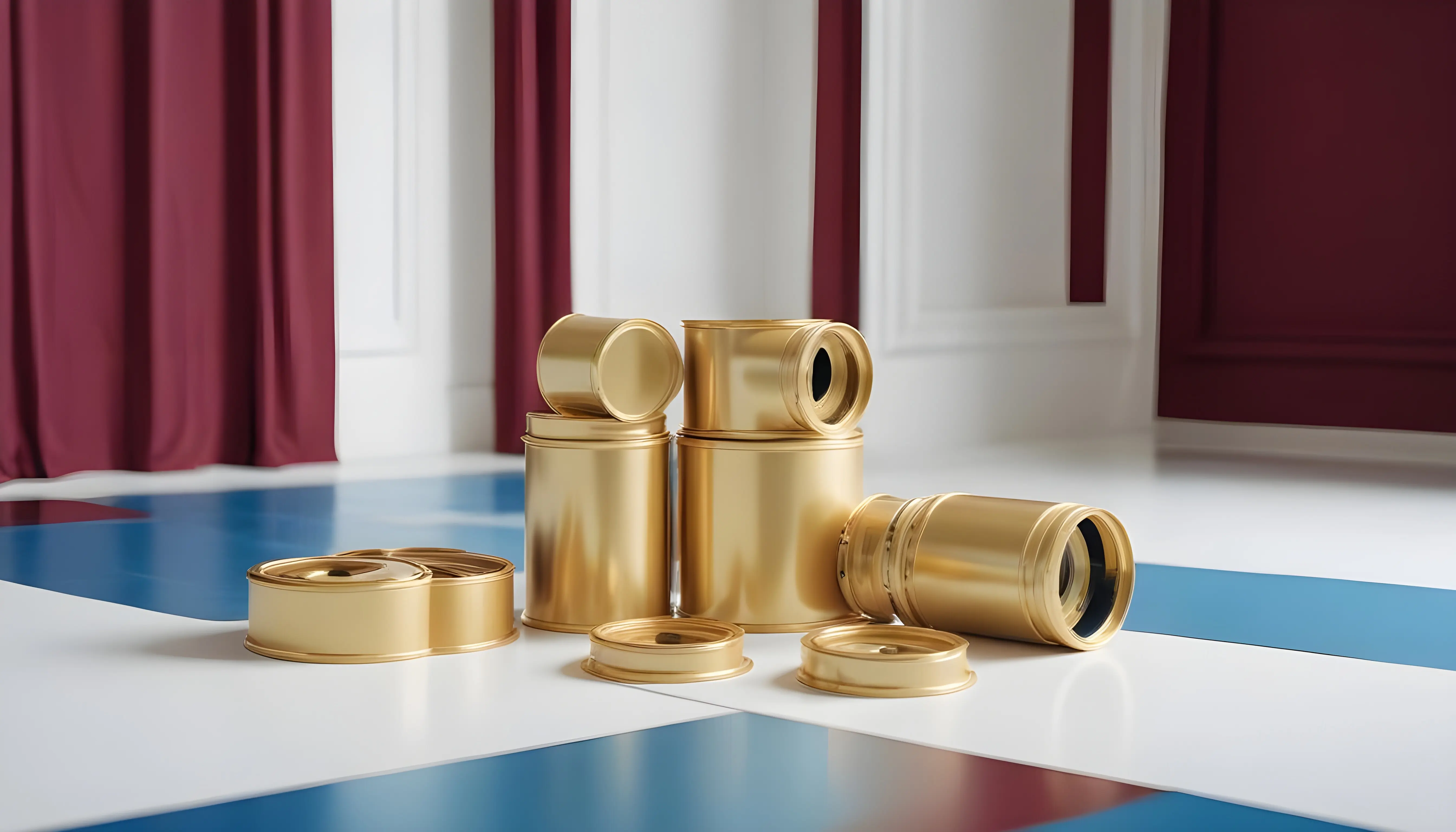 Goldene Behälter mit geöffneten Deckeln und deren Unterseiten.